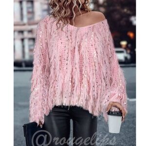 Fun Fuzzy Embellished Pullover Sweater V-Neck Pink Soft and Stretchy Knit